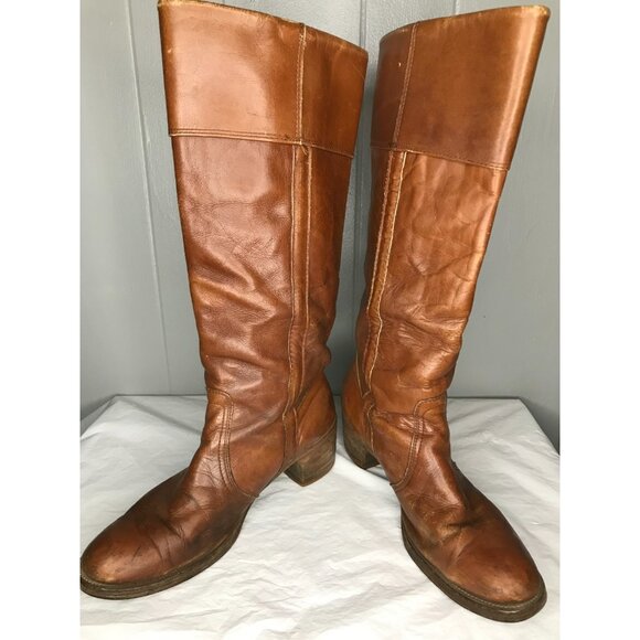 Vintage 1970's Womens 10 B FRYE 8515 USA Knee High Campus Cuff Tan Leather Boots - Picture 1 of 9